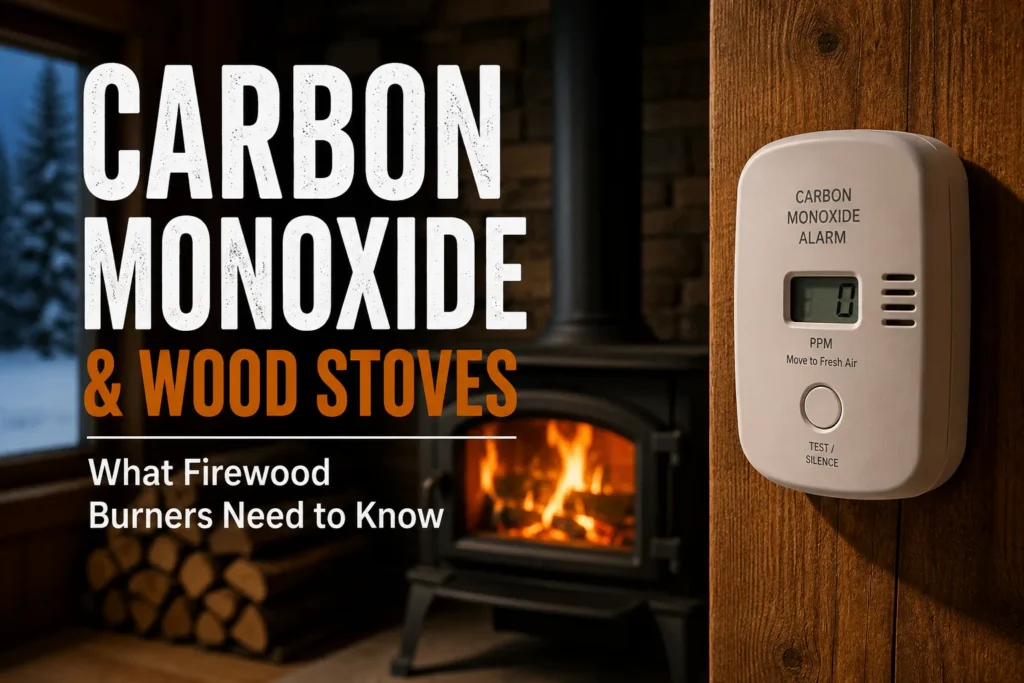 carbon monoxide alarm with woodstove in the background